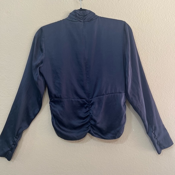 FRAME Denim Felicity Silk Mock Neck Keyhole Button Front Blouse Top Navy Sz S - Picture 8 of 12